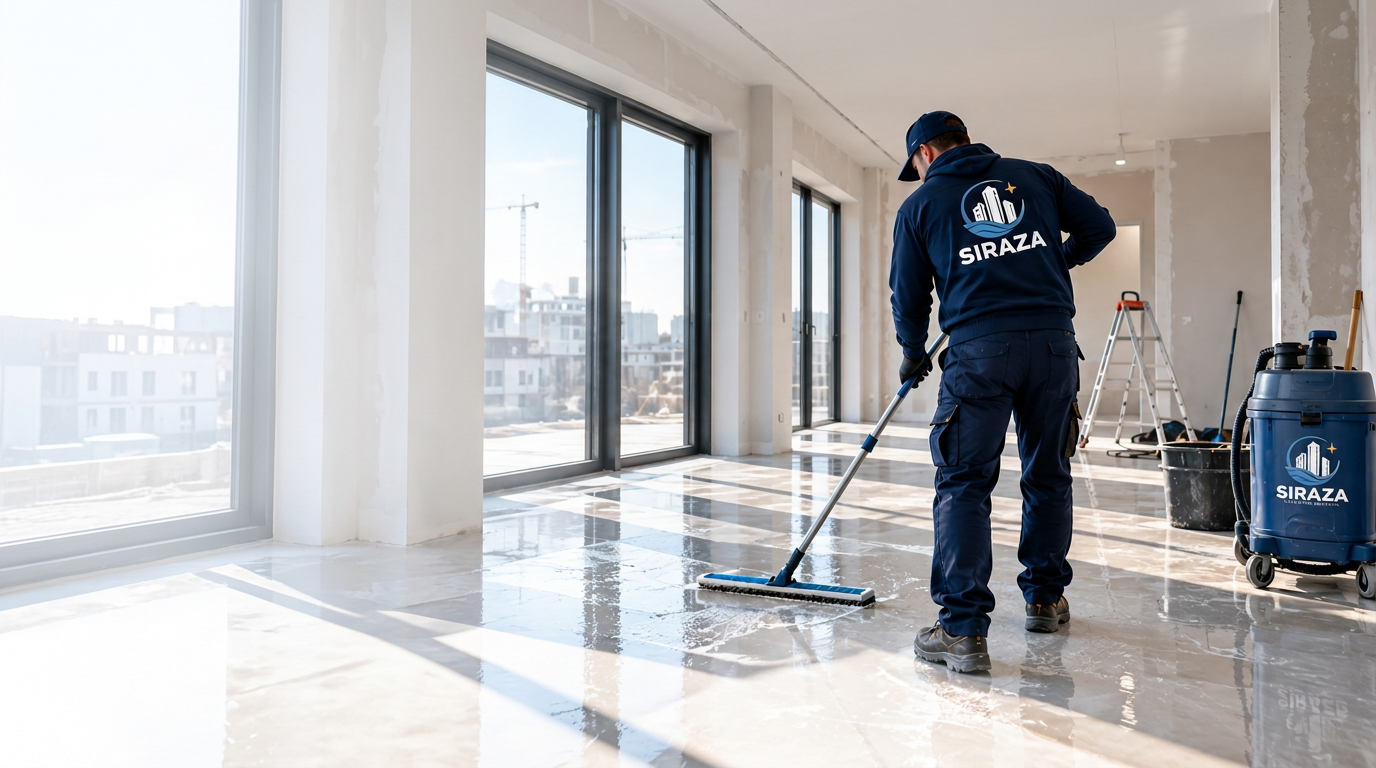 SIRAZA cleaner seen from behind mopping a newly built apartment with large windows